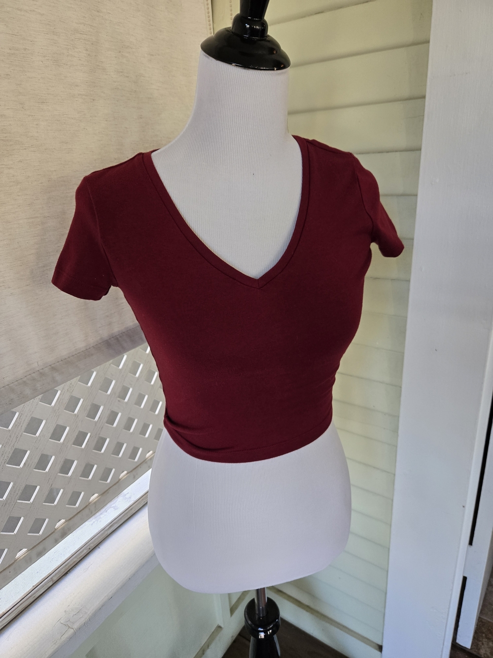 a new day Burgundy V-Neck Short Sleeve Cropped Top